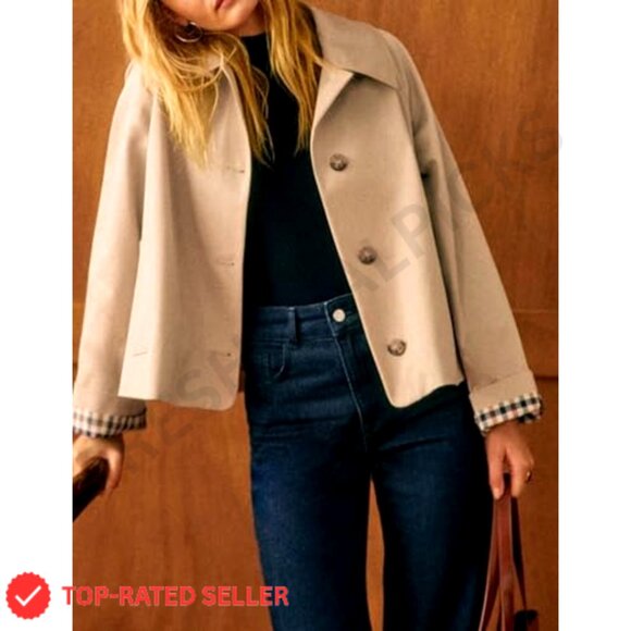 Oversized Trench Coat with Plaid Lining Lapel Casual Crop Jacket - Picture 2 of 7